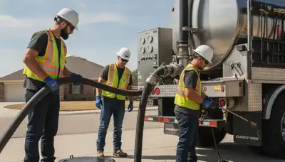 Houston, TX septic pumping service truck at a home for emergency plumbing repair