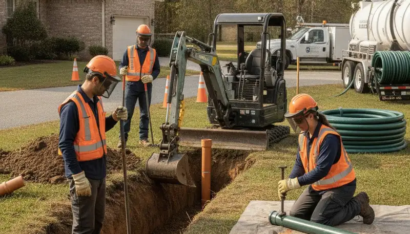 Houston, TX septic repair plumber inspecting a residential system after heavy rain