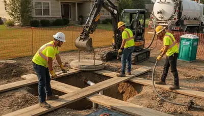 Houston, TX septic repair plumber inspecting a residential septic system after heavy rain