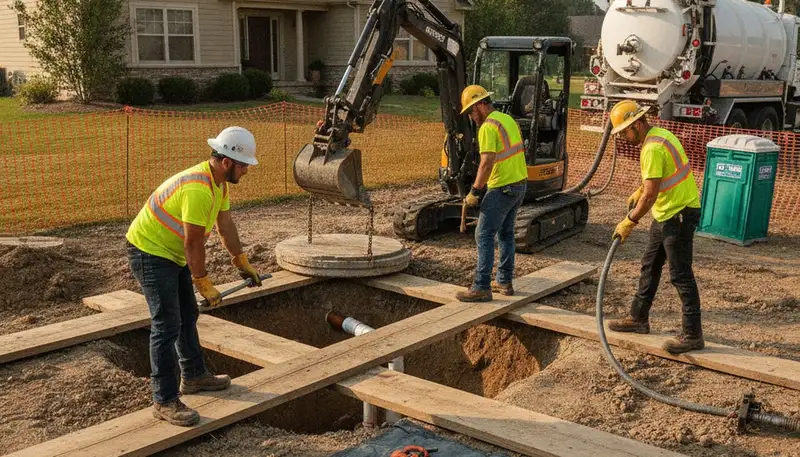Houston, TX septic repair plumber inspecting a residential septic system after heavy rain
