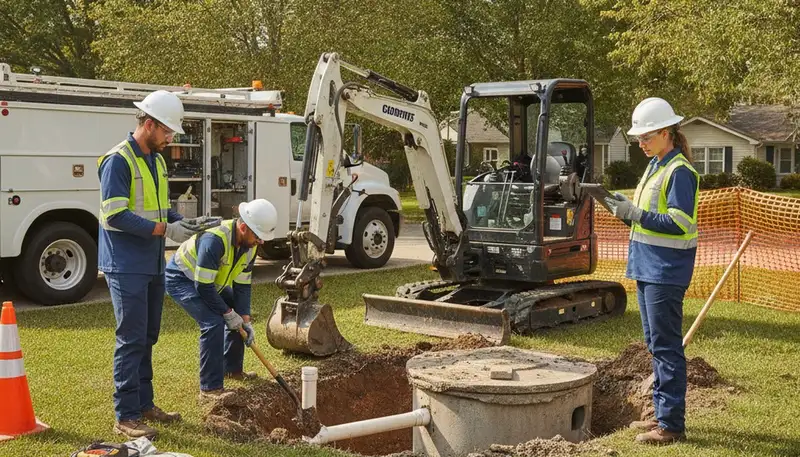 Houston, TX septic repair plumber inspecting and fixing home septic system during emergency service