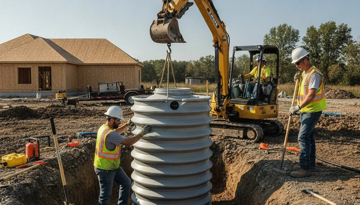 Houston, TX plumbers installing a septic tank for a home with excavation and site prep