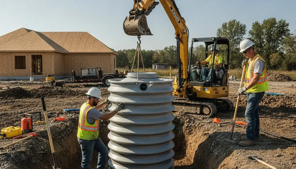Houston, TX plumbers installing a septic tank for a home with excavation and site prep