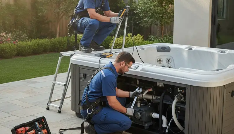Spa repair technician servicing a home spa in Houston, TX for reliable plumbing maintenance