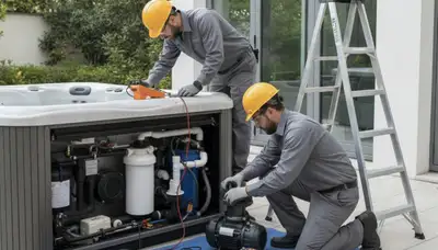 Spa repair technician servicing a Houston, TX home spa for emergency plumbing repair