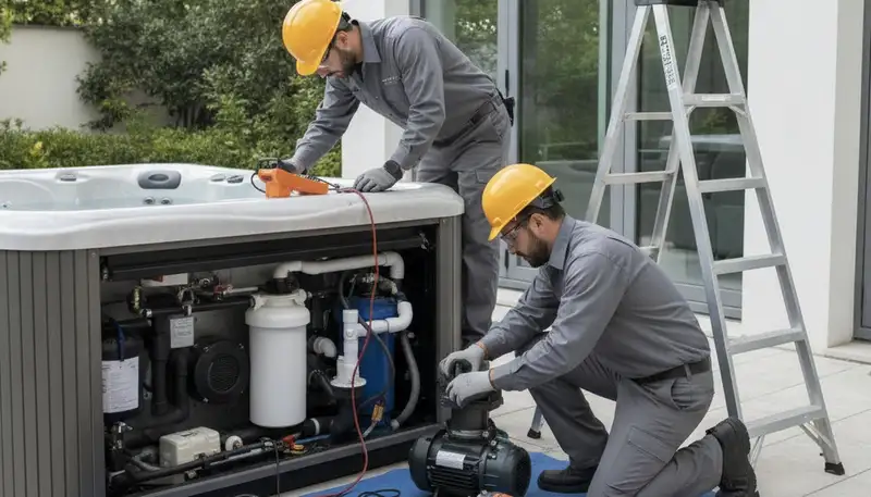 Spa repair technician servicing a Houston, TX home spa for emergency plumbing repair