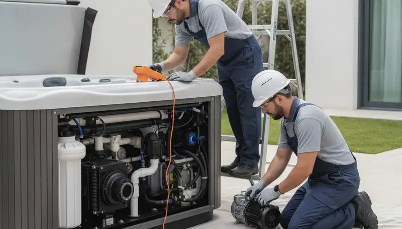 Spa repair technician servicing a home spa in Houston, TX for reliable plumbing maintenance