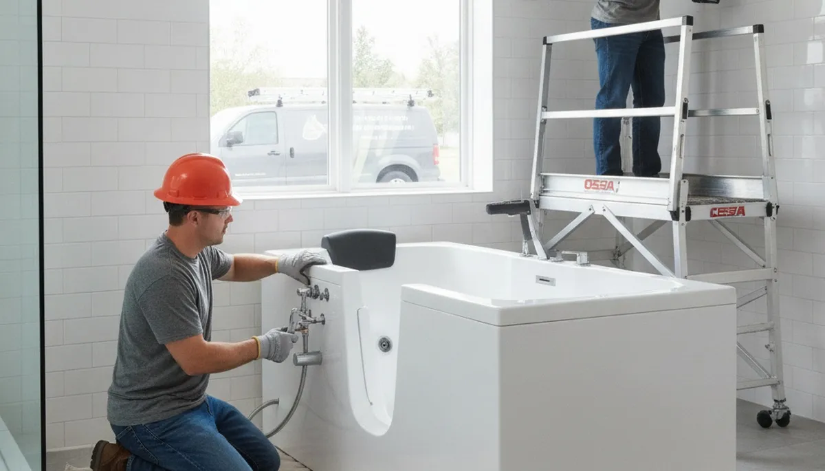 Houston plumbers installing walk-in tub for safer bathing in Houston, TX home