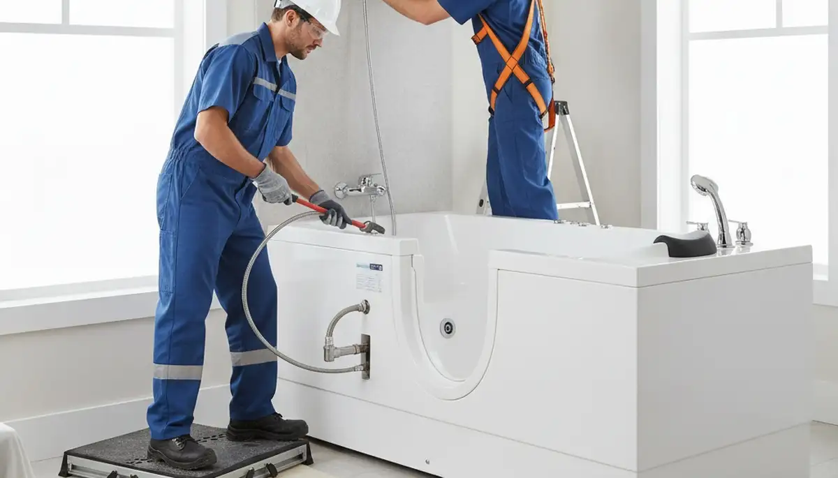 Houston, TX plumber installing a walk-in tub for safer, accessible bathroom bathing