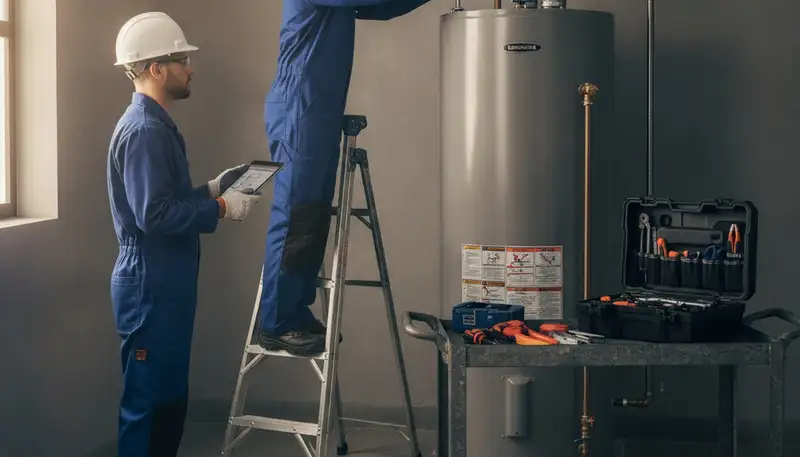Houston plumber repairing water heater for emergency service in a home